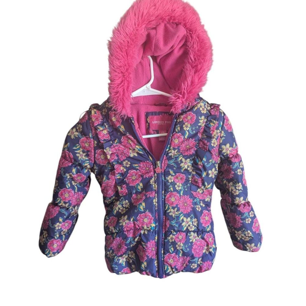 London Fog Girls Floral Puffer Jacket 6X Pink Faux Fur Lined Hood